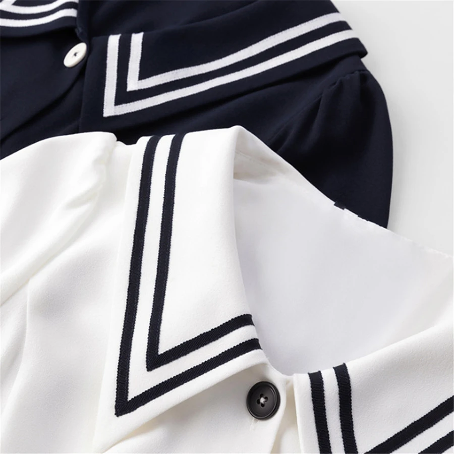 

LA CISNE 2020 new summer navy collar college style striped lace single-breasted waist waist slimming temperament dress woman