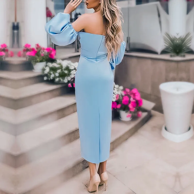 

Off Shoulder Sexy Slim Waist Pile Up Sleeve Women Dress 2021 New Spring Split Vestidos Solid Elegant Party Femme Robe 13A276