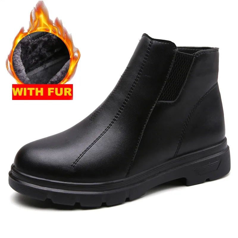 

Women Winter Flat Ankle Boots With Fur Warm Martin Boot Zipper Design Round Toe Ladies Snow Shoes Black PU Leather