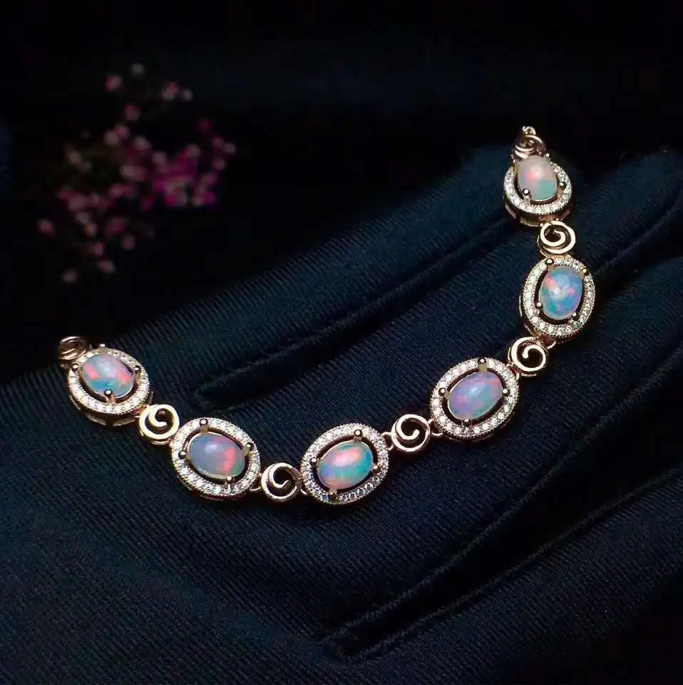 Натуральный опал браслет твердый S925 стерлингового серебра для женщин Цвет