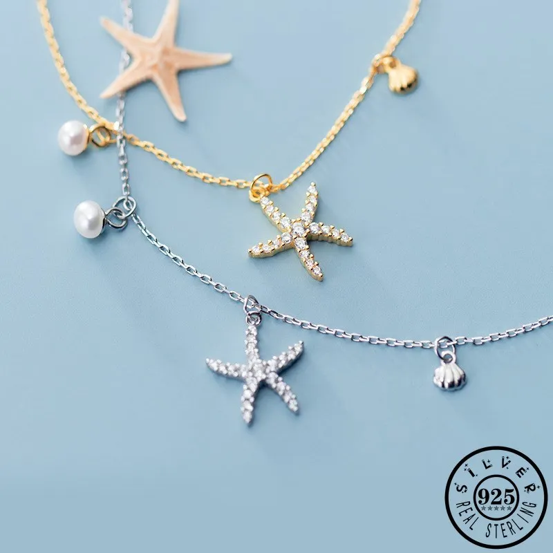 

Цепочка Женская позолоченная из серебра 925 пробы с кубическим цирконием и ракушками морской звезды