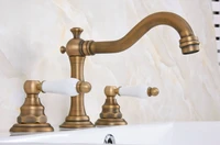 vintage retro antique brass deck mounted dual handles widespread bathroom 3 holes basin faucet mixer water taps man073