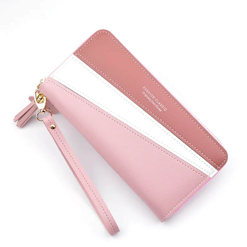 

Women's Fashion Zipper Closure Spliced Wrist Strap Tassel Wallet New Elegant Phone Coin Long Purse Card Holder For Girls