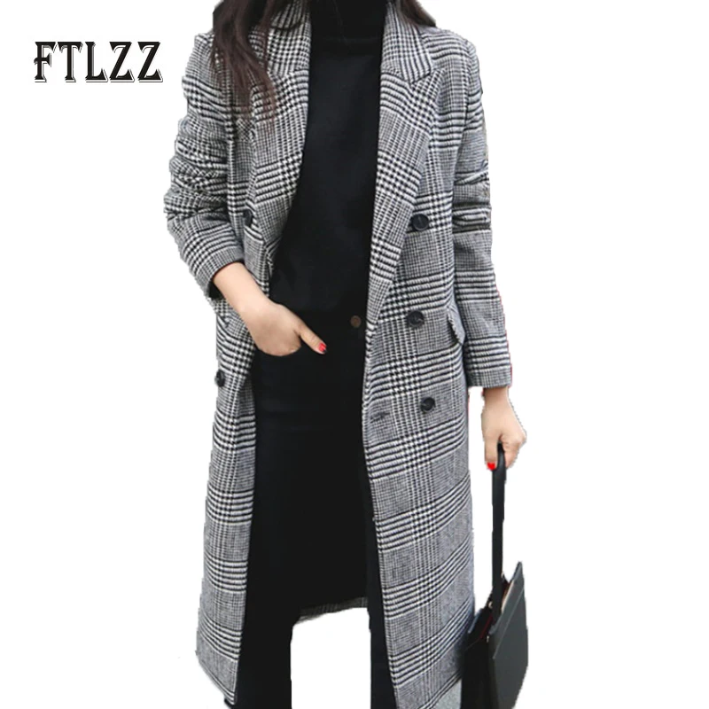 Винтажное клетчатое длинное шерстяное пальто для женщин модное двубортное с