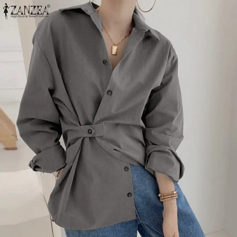 

2021 Fahion OL Oversized Blusas Female Long Sleeve Belt Chemise Autumn Casual Blouse Chic OL Tops Tunic ZANZEA Women Solid Shirt