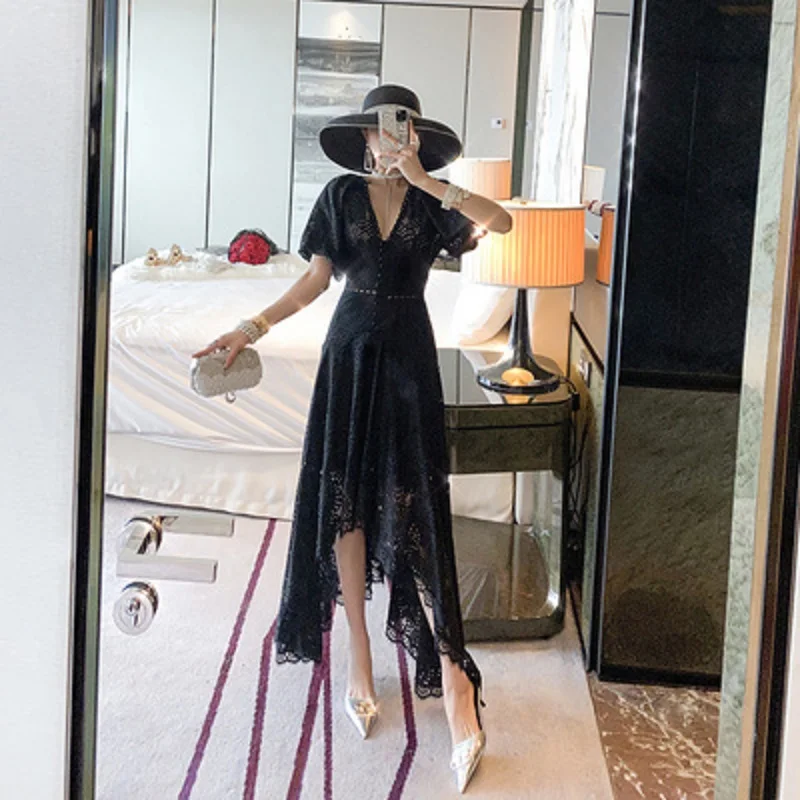 

Big brand winter cotton and linen embroidery lace hollow elegant long dress 2020New women's fashion party pleated skirt Bing XL