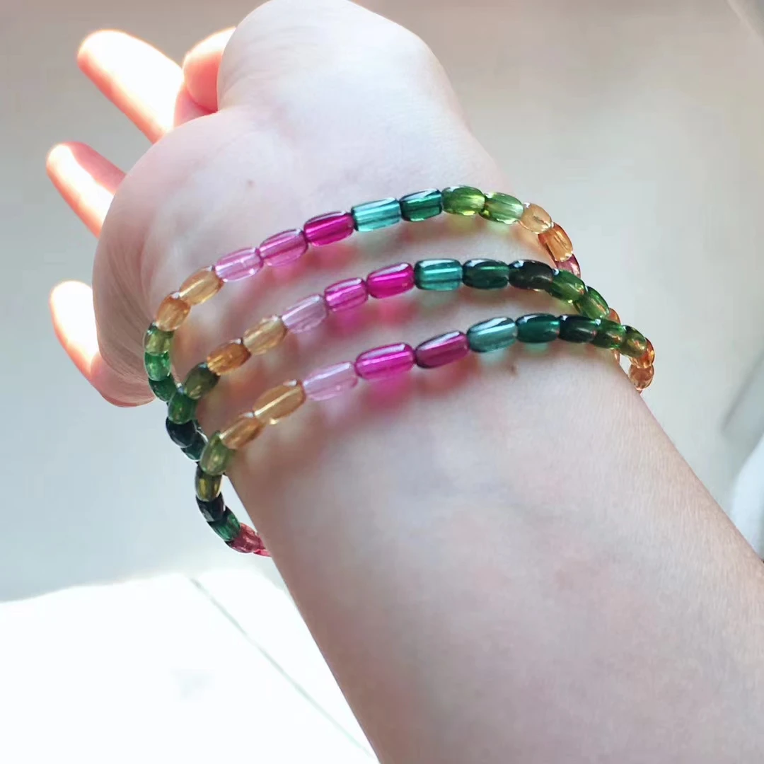 

Genuine Natural Colorful Tourmaline Crystal 3 Laps Clear Barrel Beads Bracelet 4.1/6.3mm For Women Crystal AAAAAA