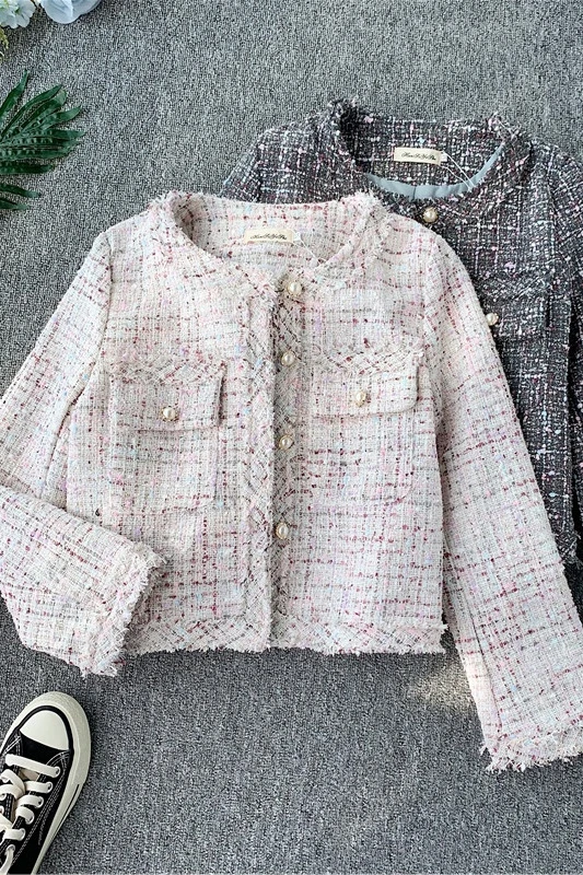 

Autumn 2019 Women Short Outerwear Elegant Tassel O Neck Double Pockets Female Jacket Vintage Pink Black Pearls Casual Outerwear
