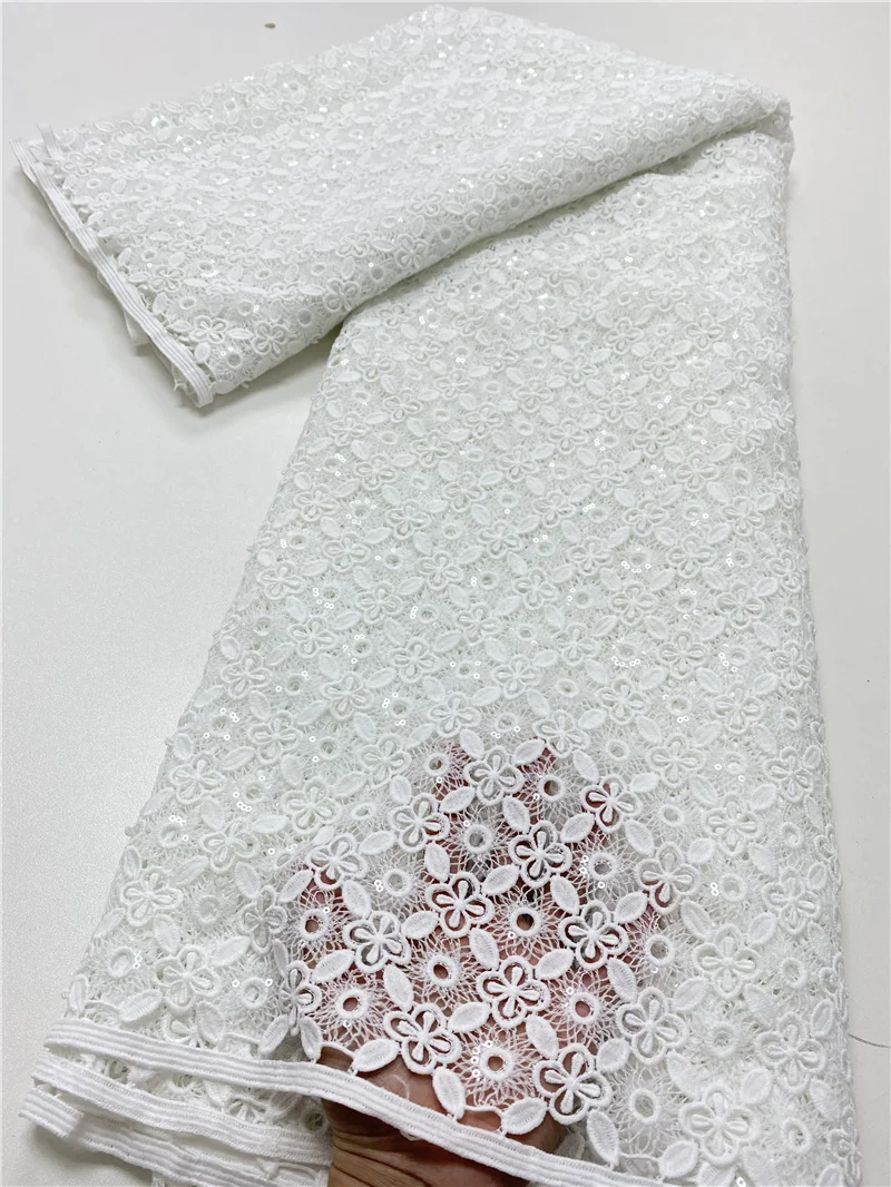 

PGC White Nigerian Guipure Lace Fabrics 2021 High Quality Lace Embroidered French African Sequins Lace Fabric Sewing NI5116-5