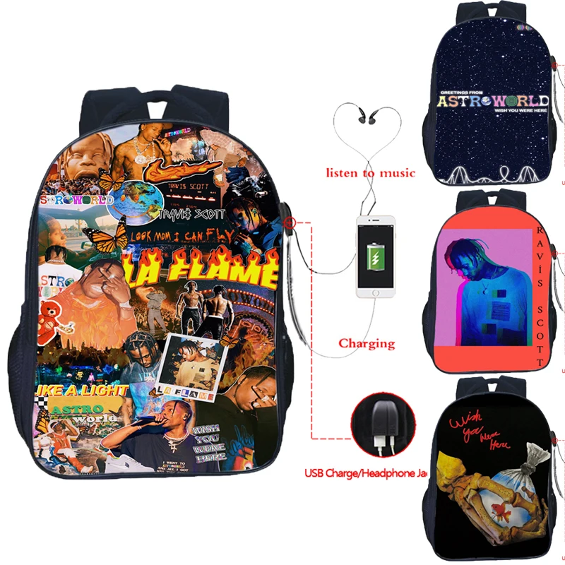 Мужской рюкзак с USB принтом Travis Scotts ASTROWORLD школьный зарядкой для