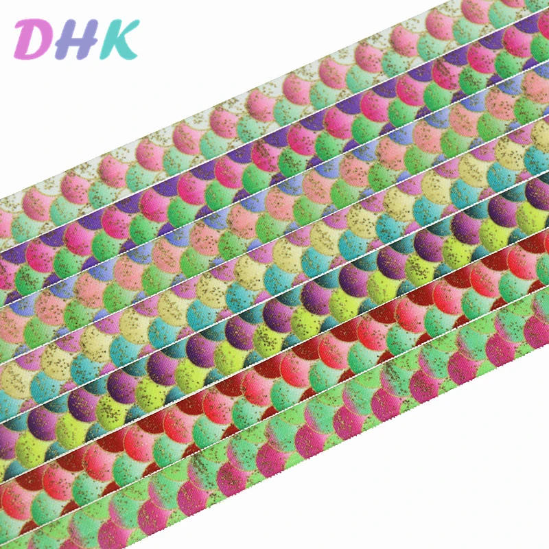 

DHK 5/8'' 50yards fish scale pattern printed Fold Elastic FOE stretch ribbon hairbow headwear headband DIY OEM S1252