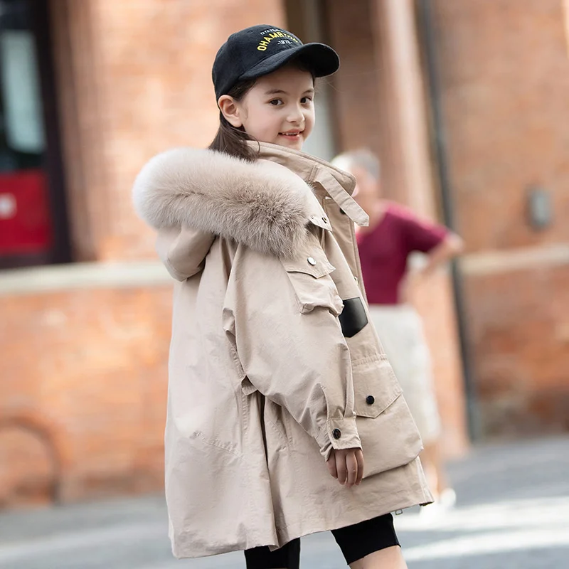 

Children Winter Jacket Real Raccoon Fur Hooded Coat Long Parka Girls Down Jacket Detachable Duck Down Liner Coat TZ732