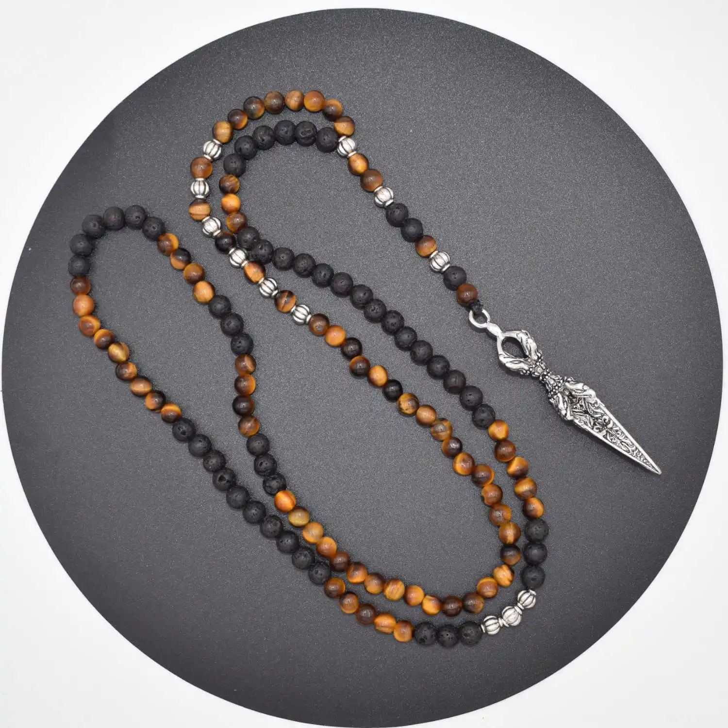 

Natural Stone Men Necklace Vintage Silver Stainless Steel Pendant Tiger Eye Beads Long Necklaces Jewelry Dropshipping 2019