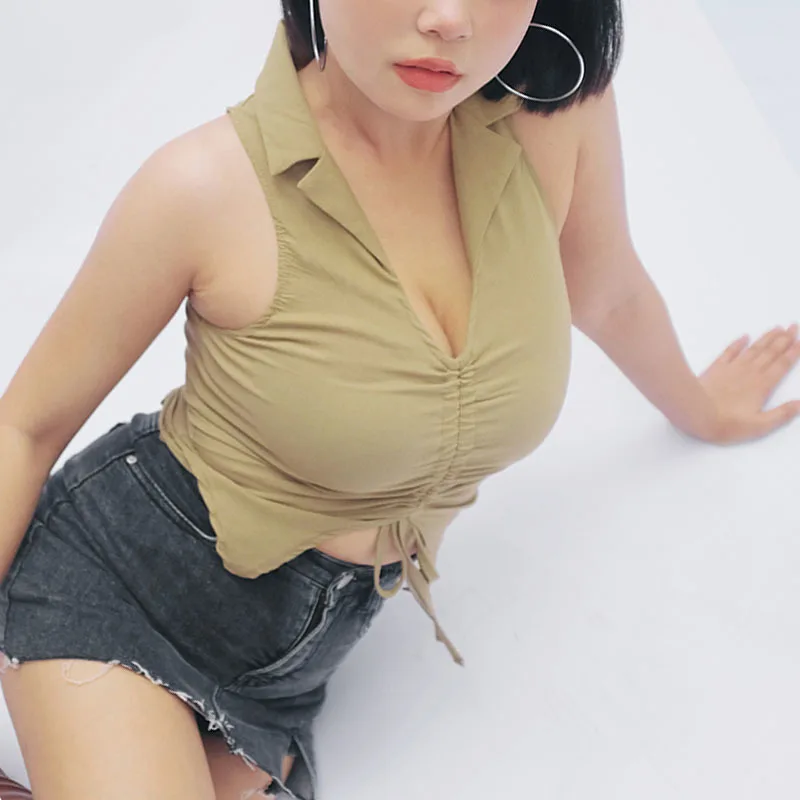 

Женская Осенняя Базовая однотонная короткая рубашка поло на шнуровке с воротником с лацканами без рукавов Kawaii Hot Sexy Korean Women W8BL