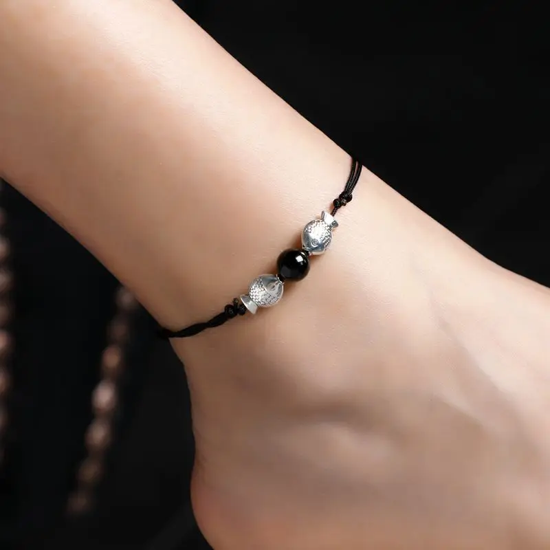 Браслет на ногу Женский плетеный браслет с Красной веревкой чёрный светящийся в