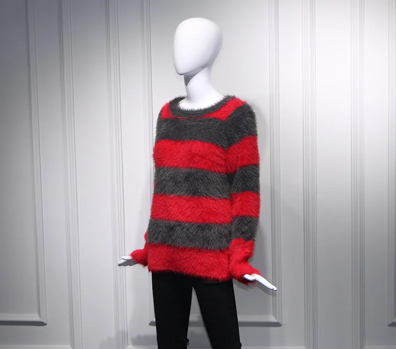 Женский мохеровый свитер в красно-серую полоску свободный шерстяной пуловер с