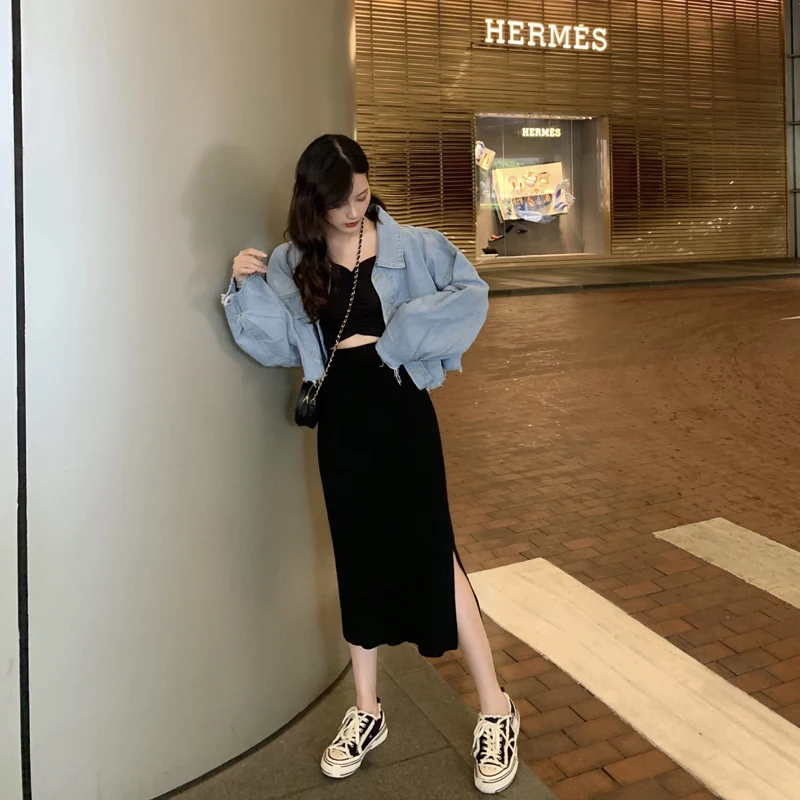 Юбка с высокой талией зимняя миди длинная осенняя разрезом однотонная до колена