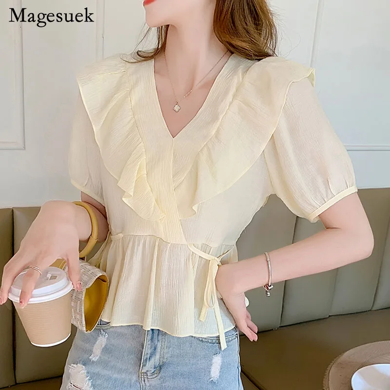 

Elegant Summer Women Blouses Ruffle Stitching V Neck Fashion Chiffon Shirts Sweet Korean Lace-up Slim White Tops Blusas 15395