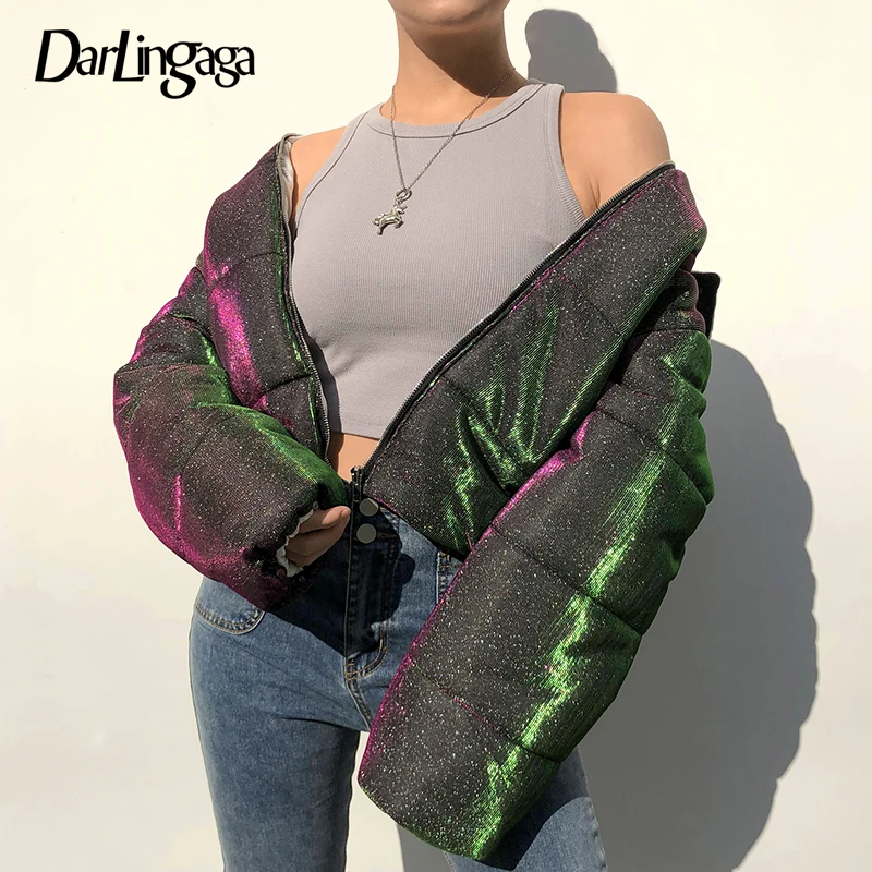 

Модная блестящая зимняя куртка Darlingaga, женские парки с капюшоном, пузырьковое Женское пальто на молнии, толстые стеганые пуховики, куртки, ве...