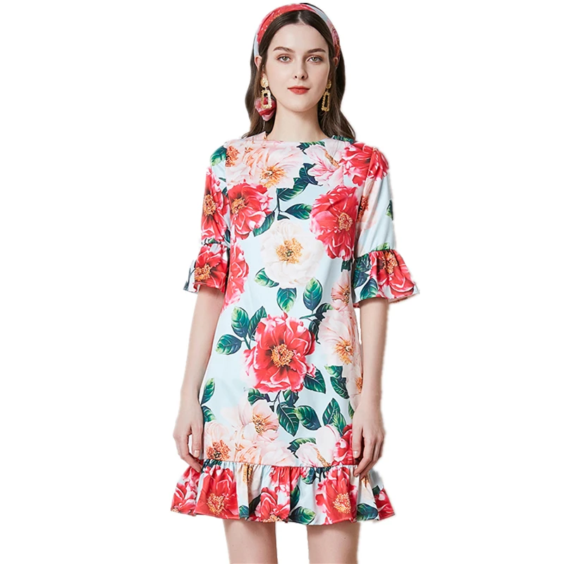 

2021 New Arrival Spring Summer Women Half Sleeve Slim Mini Dress Sicilian Style Flowers Print Speaker Sleeve Mermaid Dress