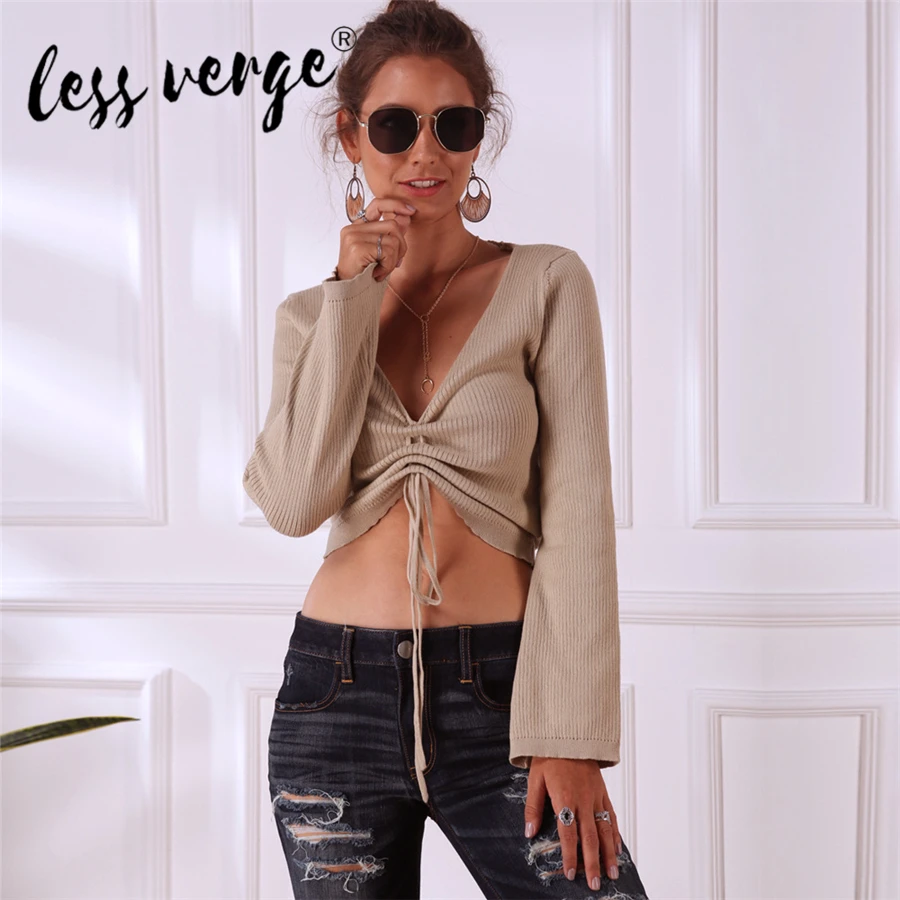 

Lessverge Women Top T-shirt Solid Color Sweater V-neck Drawstring Navel Top Cropped Sexy Long Sleeve Street Style T-shirt Top