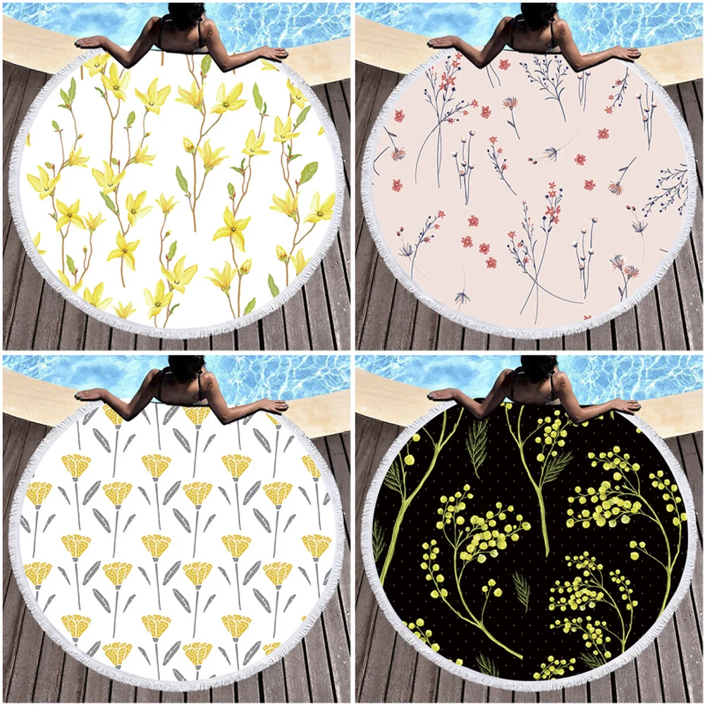 

Flower Plant Round Beach Towel Tassel Boho Floral Large Blanket Picnic Yoga Mat Summer Leaf Round Beach Towels 150cm Big Towel
