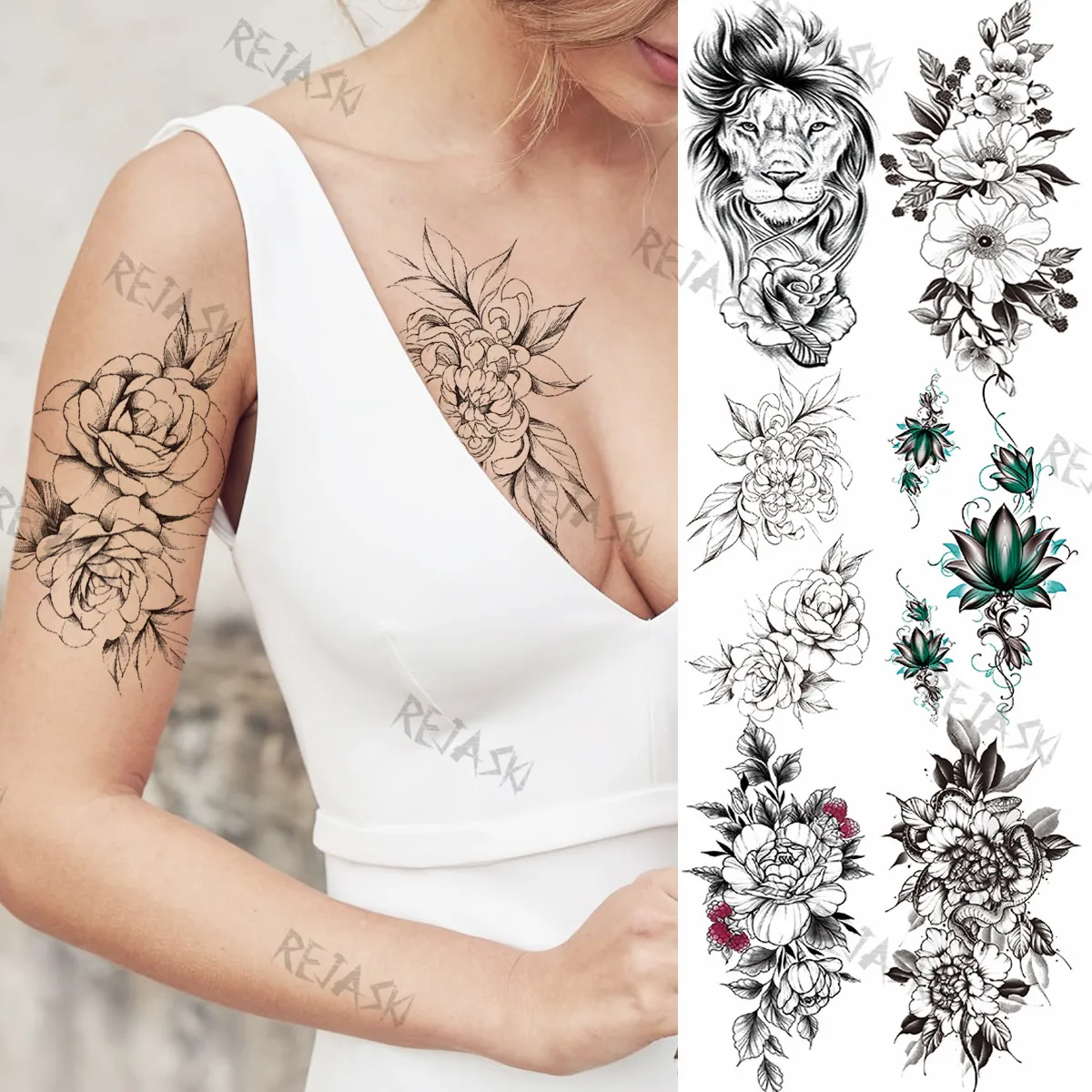 

Временные татуировки для женщин, девушек, взрослых, Лев, змея, флора, реалистичные искусственные татуировки, наклейки на грудь, руки, сексуал...