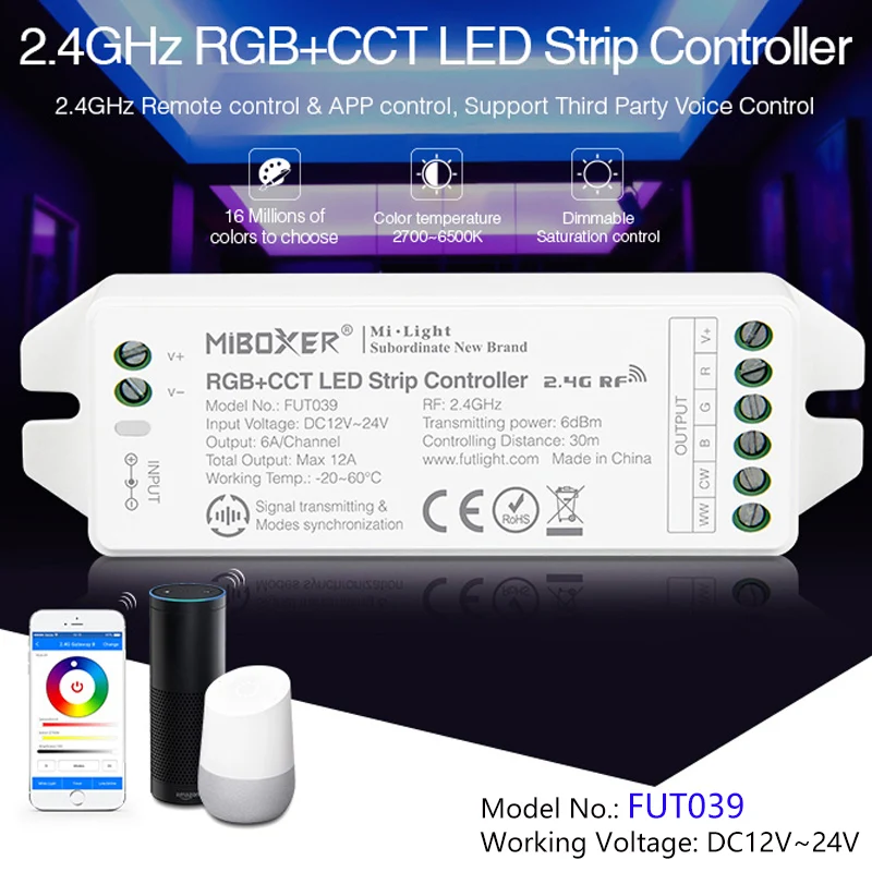 FUT039(upgrade)2.4GHz RGB+CCT LED Strip Controller DC12~24V dimmable led driver 6A/Channel Common anode can remote/voice control