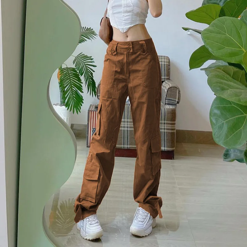 

Осенние Женские однотонные брюки, женские винтажные Ретро брюки-карго Y2K свободного кроя, Длинные прямые брюки, комбинезоны с карманами