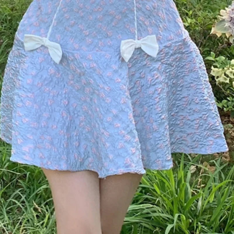 

Sweet Blue Dresses For Women V Neck Puff Short Sleeve High Waist Patchwork Bowknot Mini Vestidos Female Summer Fashion Robe 2021