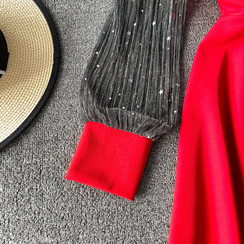 

Autumn Spring Vintage Black/Red Mesh Patchwork Long Dress Women Elegant Square Collar High Waist Party Vestidos Female Fashion