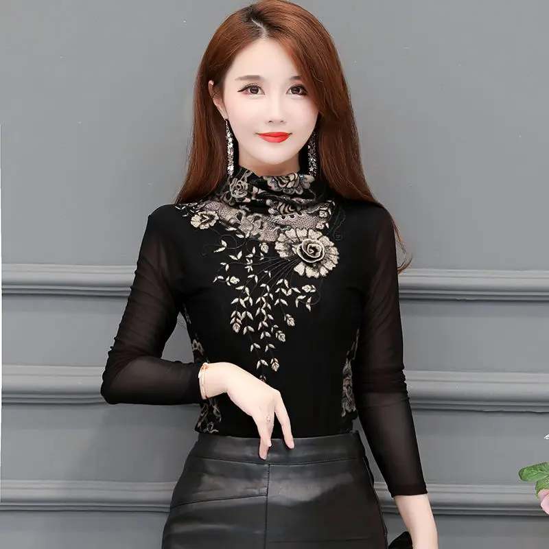 Зима 2020 Женская кружевная блузка с высоким воротом плюшевая утепленная Базовая