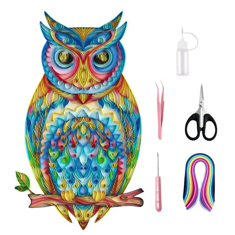 

Q81C 20 Inch 3D Rainbow Owl Quilling Paper Filigree Painting Kit Handmade Wall Art Decal Stickers DIY Crafts for Home Decor