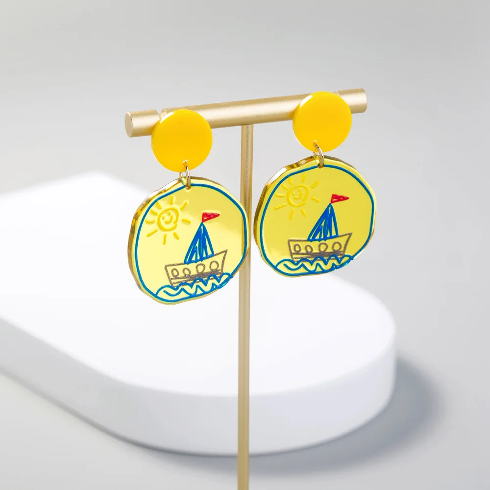 

2021 Fashion Sailboat Pendant Earrings Trendy Geometric Acrylic Drop Earring for Women Doodle Large Statement Dangle Earrings