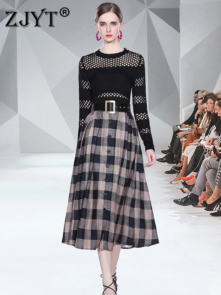 

Fashion 2022 Spring Runway 2 Piece Skirt Set for Women Elegant Long Sleeve Hollow Knit Sweater Dress Suit Vintage Sexy Outfits