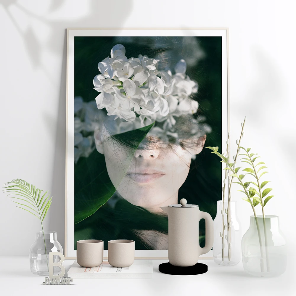 

White Flowers Fashion Beautiful Woman Portrait Canvas Painting Posters Nordic Modern Floral Feather Style Wall Art Home Decor