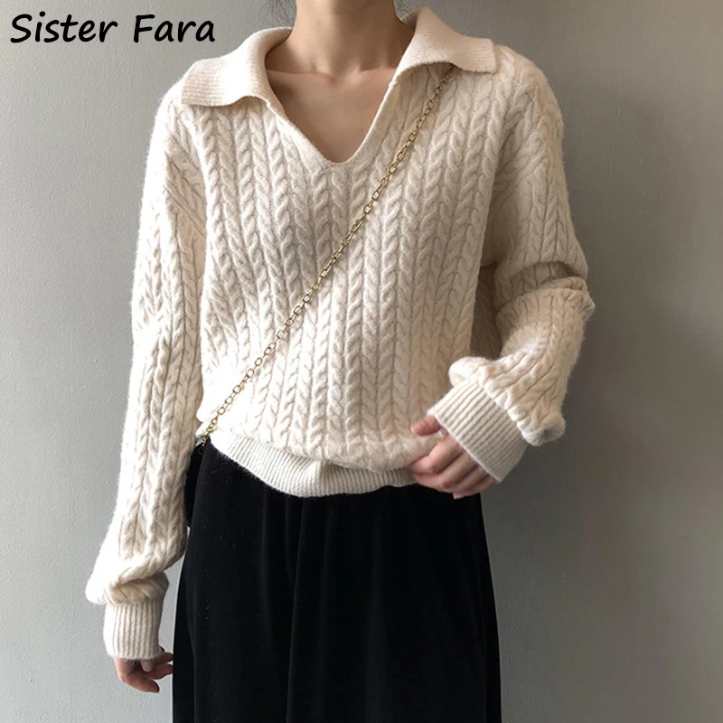 

Sister Fara 2021 Autumn Winter Turn-down Collar Pullover Sweater Women's Solid Warm Sweater Female Loose Casual Knitting Sweater