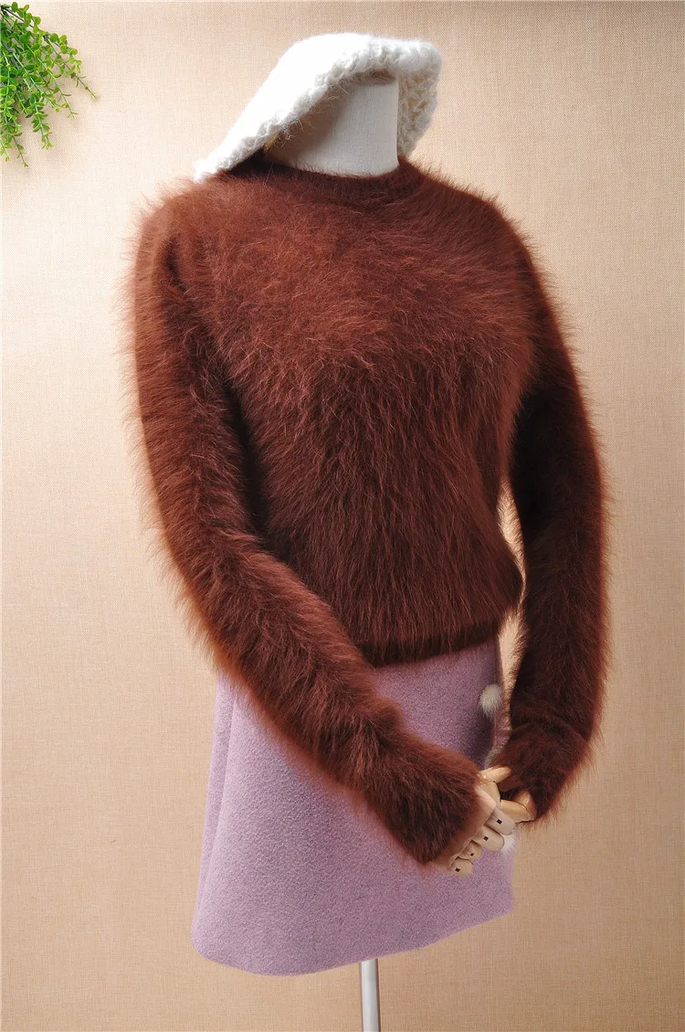 ladies women fashion hairy fluffy mink cashmere o-neck slim bottoming pullover angora rabbit fur knitted winter jumper sweater | Женская
