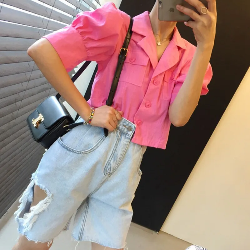 

2021 summer Elegant OL Wear Short Jacket Women Tops Solid Loose Puff Sleeve Single-breasted Female Coat
