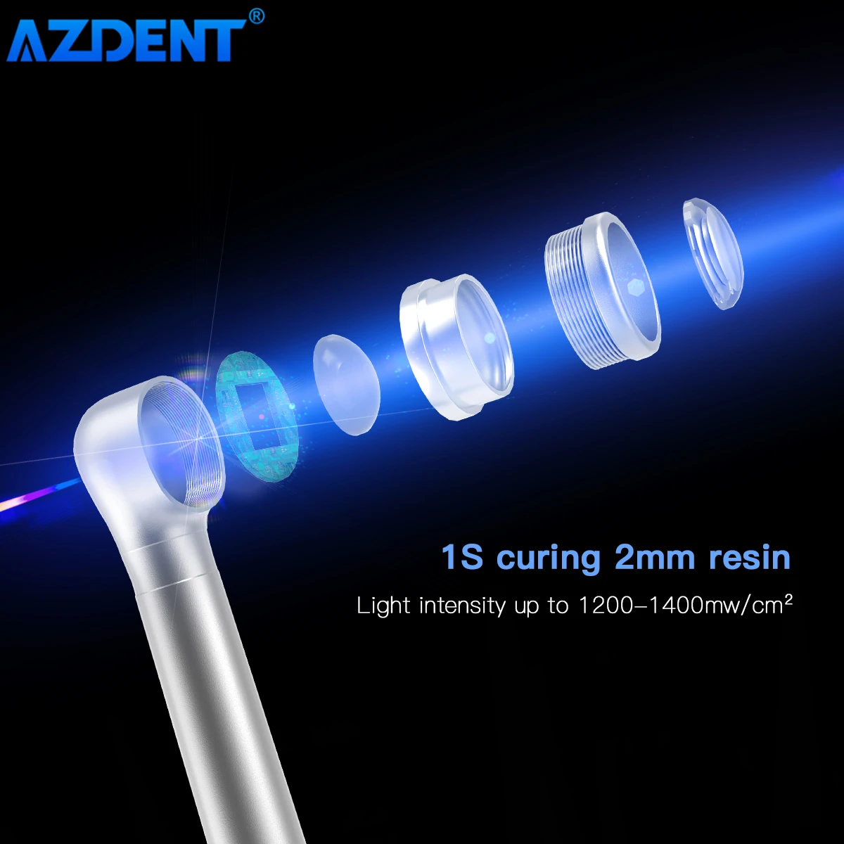 AZDENT Dental LED Curing Light Lamp 1 Second Cure 2mm Resin 1200-1400mw/cm² Cordless Metal Head 3 Models Adjustable