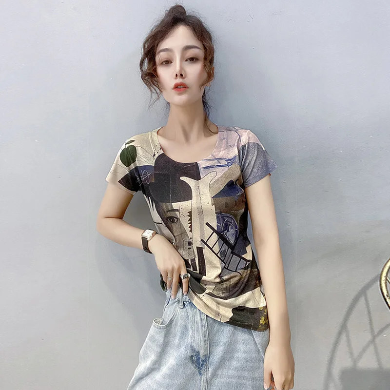 Женская футболка с коротким рукавом и круглым вырезом повседневный облегающий