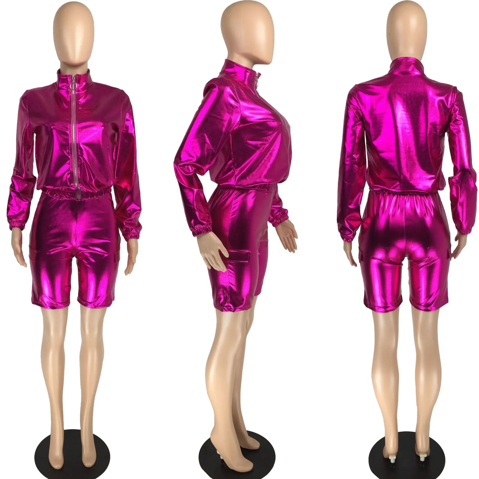 

Autumn Hot Selling Women PU Sets Stand Collar Zipper Long Sleeve Casual Tops + High Waist Bodycon Shorts Sets Nightclub Party