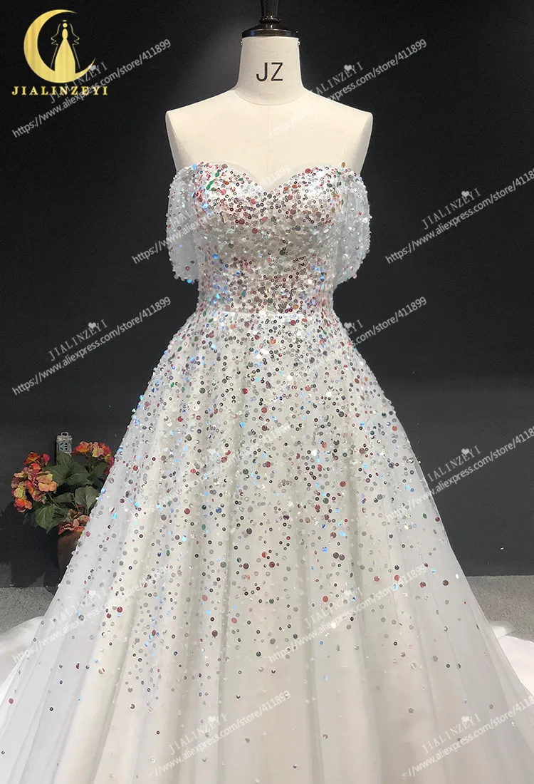 Rhine real Pictures Off the shoulder full sequins and crystal A-line платье на выпускной Wedding gown wedding dresses