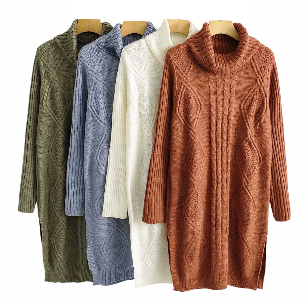 Elegant women sweater dress turtleneck ribbed long knitted autumn fashion lady split geometry knitwear female feminine sweaters | Женская