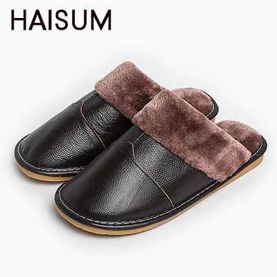 dark brown Мужские тапочки; зимние домашние Нескользящие термальные тапочки из натуральной кожи; Новинка года; Лидер продаж; Haisum H-8002 - Цвет: dark brown