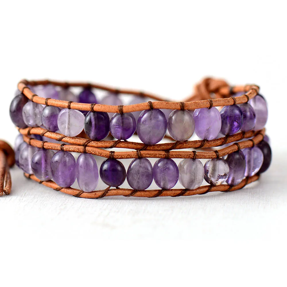 Womens Leather Bracelets New Purple Quartz 2 Strands Wrap Vintage Weaving Bead Bohemia Bracelet Dropshipping | Украшения и