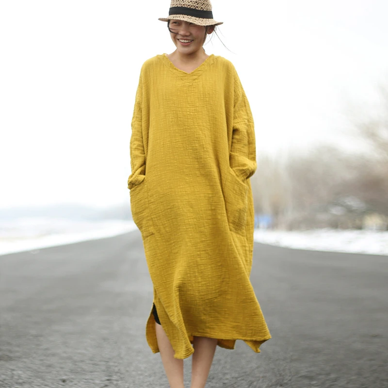 

NINI WONDERLAND Autumn Cotton Linen Big Size Dress 2021 Spring Women V Neck Loose Robe Dress Female Long Sleeve Vintage Dresses