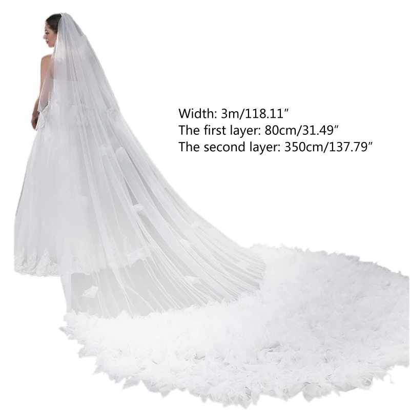 

Double Layer Floor Length Long Trailing Cathedral Wedding Veil with Comb 350cm Luxurious Floral Bridal Party Headpiece