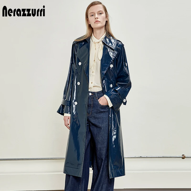 Nerazzurri Spring long blue reflective patent leather trench coat for women with long raglan sleeve sashes Waterproof raincoat