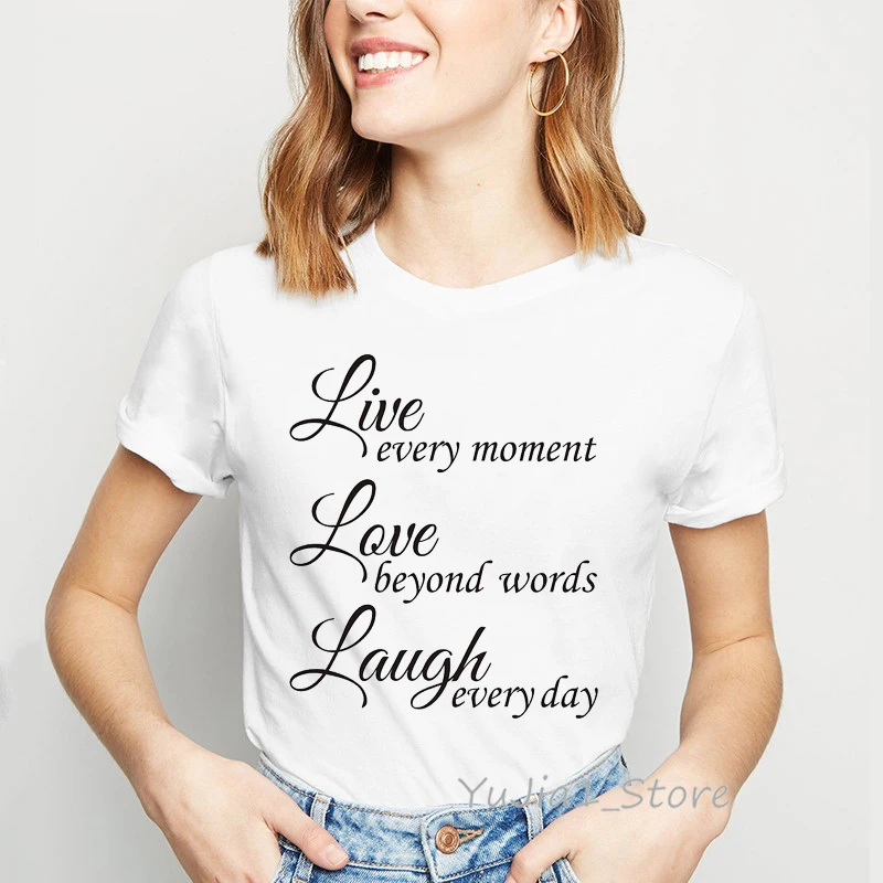 Женская рубашка из хлопка живет любовь и смех цитаты футболка с буквами 90s одежда
